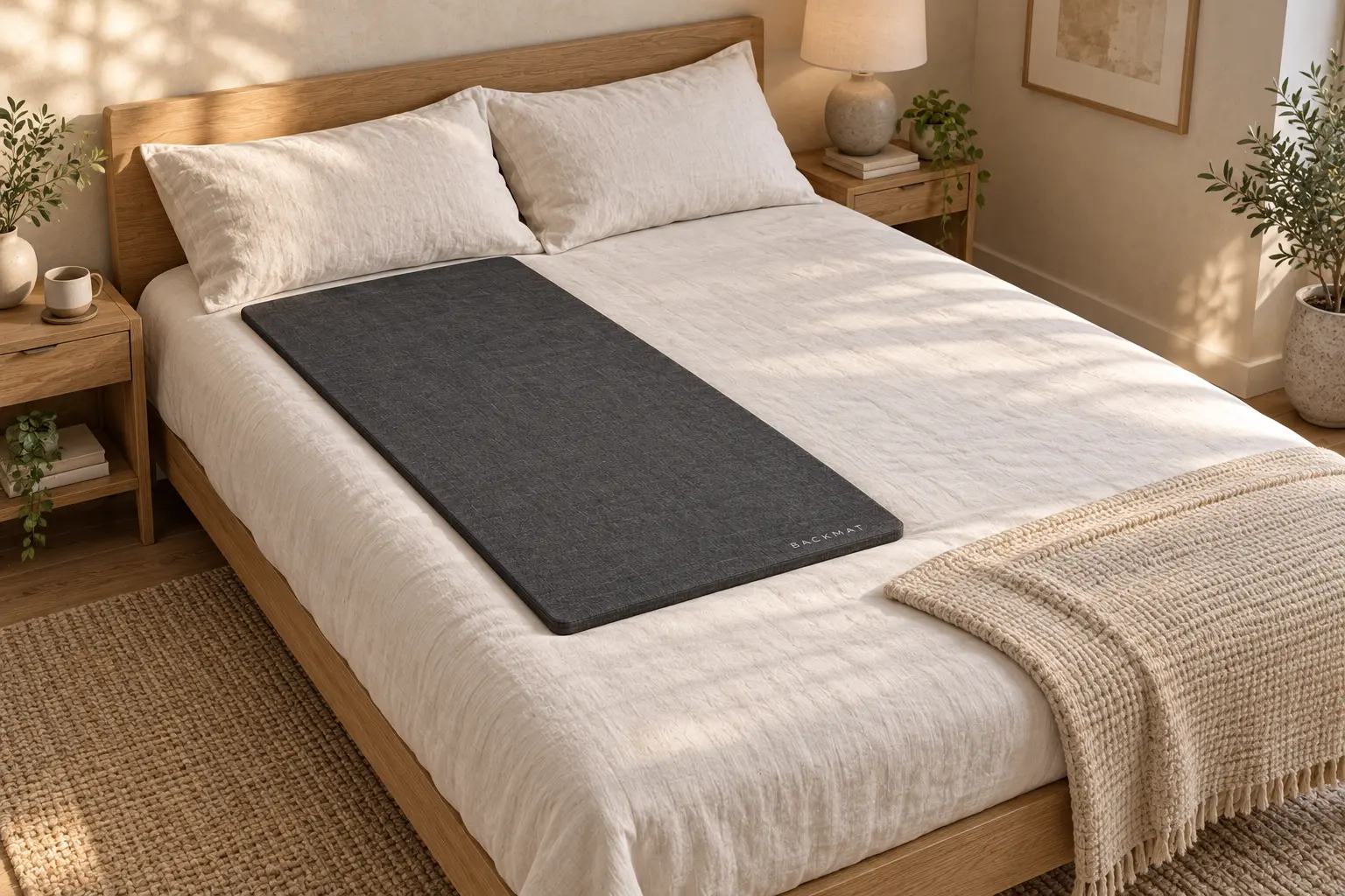 Bedroom concept showing BackMat on one side of a bed